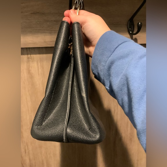 Modern Black Pebbled Leather Handbag - Gold Square Top Handle Satchel Purse - Picture 5 of 8